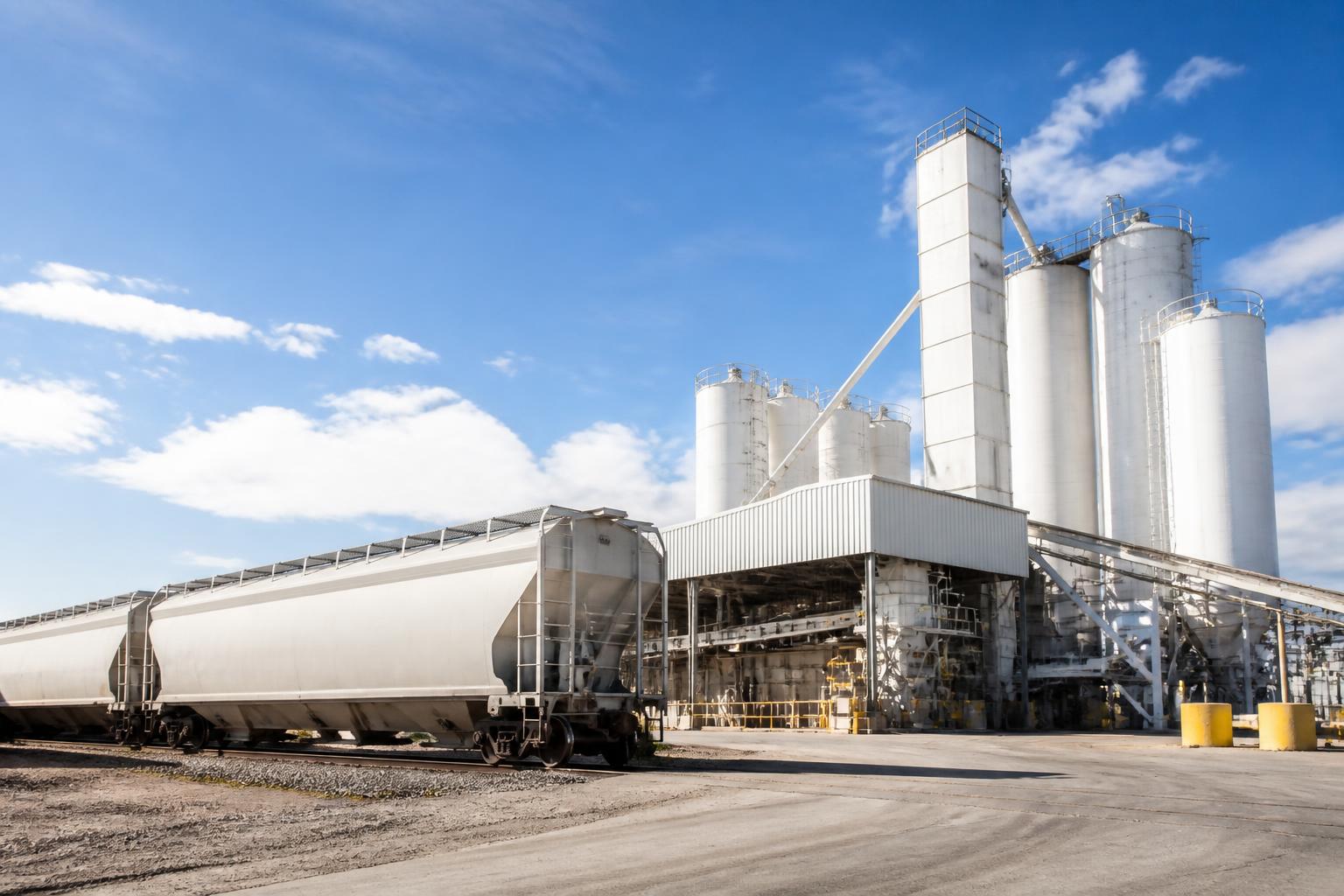Bright daylight view of a cement terminal with bulk storage silos and covered hopper railcars